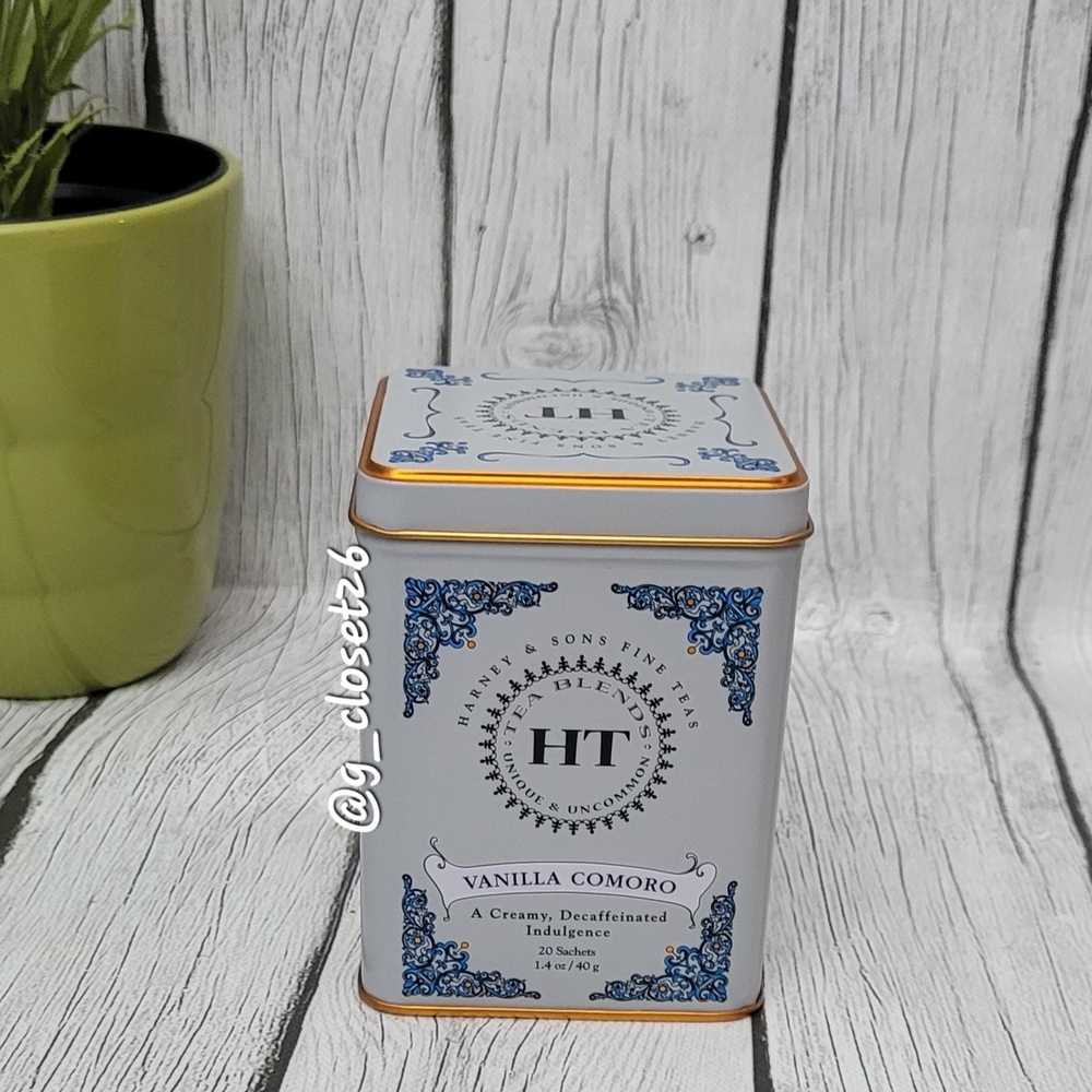 Collector's Harney & Sons Vanilla Comoro Tea Tin in Blue and Gray